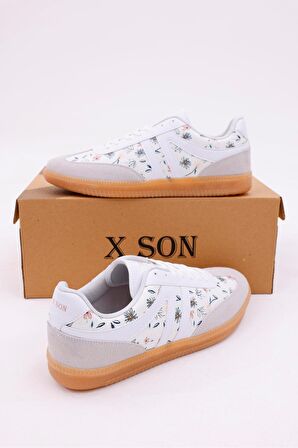 Dijital Baskı Kadın Bej-Çiçek Sneaker Ayakkabı