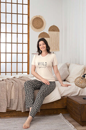 Kadın Düğmesiz Bisiklet Yaka Viskon Yazlık Kısa Kol Cepli Pijama Takımı
