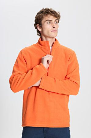 Erkek Turuncu Anti-pilling Tüylenme Yapmayan Standart Fit Bato Yaka Soğuk Geçirmez Polar Sweatshirt