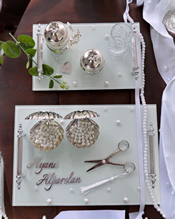 Bonding Gümüş Beyaz İncili Söz Tepsisi Nişan Tepsisi ve Damat Kahve Fincan Tepsisi