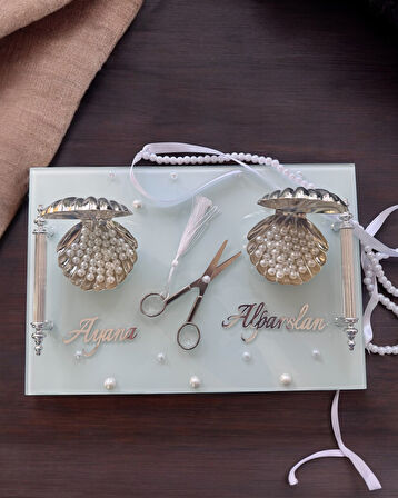 Bonding Gümüş Beyaz İncili Söz Tepsisi Nişan Tepsisi ve Damat Kahve Fincan Tepsisi