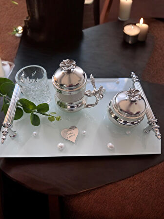 Bonding Gümüş Beyaz İncili Söz Tepsisi Nişan Tepsisi ve Damat Kahve Fincan Tepsisi