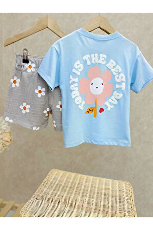 Laciel Paris Çiçek Baskılı T-shirt ve Müslin Şort Alt Üst Takım