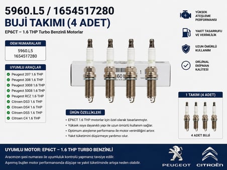 Peugeot Citroen 1.6 THP Buji Takımı 5960.L5 1654517280 EP6CT 207 308 3008 5008 RCZ DS3 DS4 DS5
