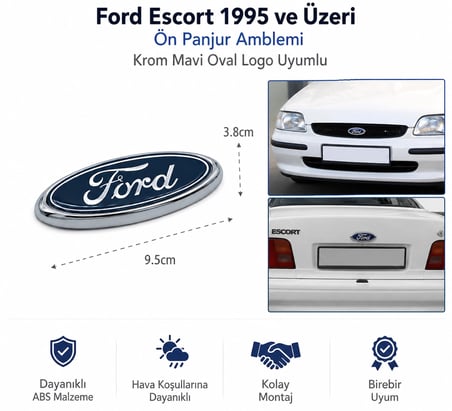 Ford Escort 1995 ve Üzeri Ön Panjur Amblemi Krom Mavi Oval Logo Uyumlu