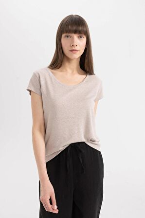 DeFacto Regular Fit Bisiklet Yaka Keten Karışımlı Basic Düz Kısa Kollu Tişört C8806AX24SMBG130