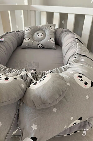Nest Gri Panda Babynest Lüx Tasarım Ortopedik Nest Bebek Yatağı Anne Yanı Bebek Yatağı