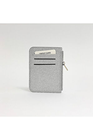 Parlak Simli Fermuar Kapamalı Cüzdan Bölümlü Şıkırtılı Kadın Kartlık