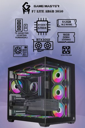 Game Master F7 Lite ARGB RTX3050 Ryzen 7 5700X CPU 16GB DDR4 RAM 512GB M.2 SSD RTX3050 6GB 7x ARGB Fanlı Gaming PC