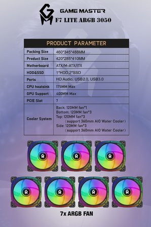 Game Master F7 Lite ARGB RTX3050 Ryzen 7 5700X CPU 16GB DDR4 RAM 512GB M.2 SSD RTX3050 6GB 7x ARGB Fanlı Gaming PC