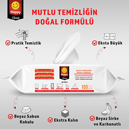 Happy Beyaz Sabun Kokulu Sirke ve Karbonatlı Yüzey Temizleme Havlusu 100 lü x 3 Adet
