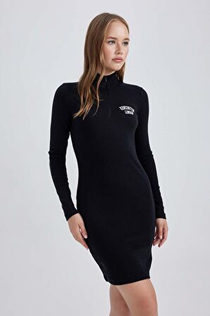 DeFacto Coool Bodycon Yarım Balıkçı Yaka Fitilli Kaşkorse Uzun Kollu Mini Elbise B2467AX23AUBK81