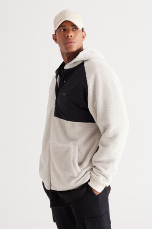 Erkek Bej Oversize Bol Kesim Kapüşonlu Sherpa Polar Sweatshirt Ceket