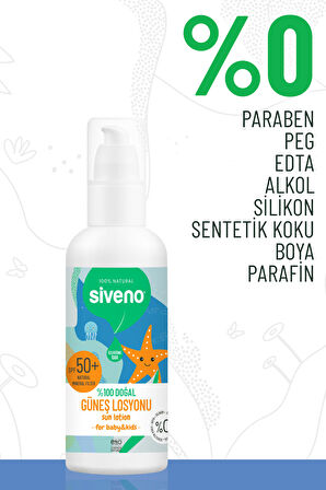 Siveno %100 Doğal Çocuk Güneş Losyonu Leke Karşıtı Antioksidan Nemlendirici Bitkisel Vegan UVA UVB SPF50