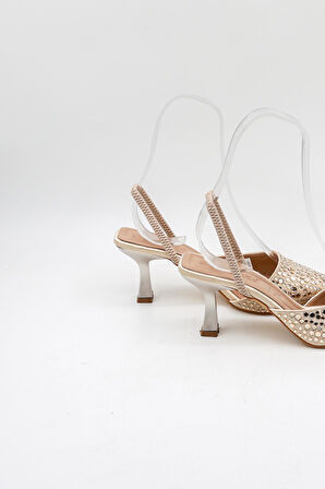 Park Moda Taşlı Kadın Topuklu Ayakkabı PM474 K113 Ten Saten Rose Taş