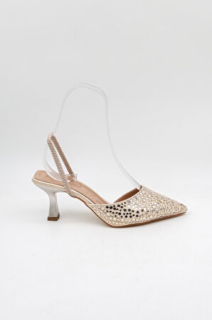 Park Moda Taşlı Kadın Topuklu Ayakkabı PM474 K113 Ten Saten Rose Taş