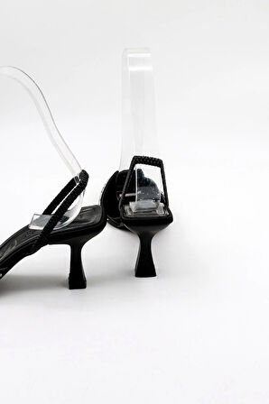 Park Moda Taşlı Kadın Topuklu Ayakkabı PM474 K113 Siyah Saten Platin Taş