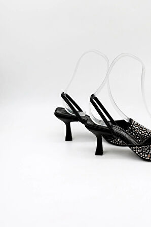 Park Moda Taşlı Kadın Topuklu Ayakkabı PM474 K113 Siyah Saten Platin Taş