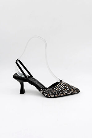 Park Moda Taşlı Kadın Topuklu Ayakkabı PM474 K113 Siyah Saten Platin Taş