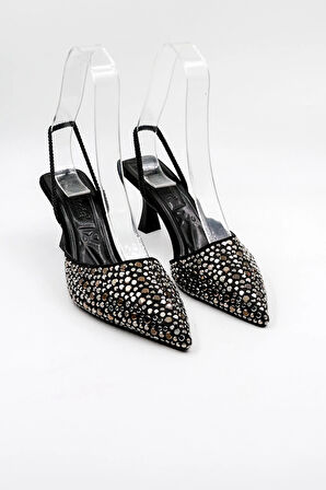 Park Moda Taşlı Kadın Topuklu Ayakkabı PM474 K113 Siyah Saten Platin Taş