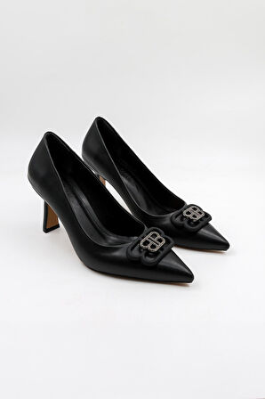 Park Moda Kadın Topuklu Tokalı Ayakkabı PM537 Siyah Cilt