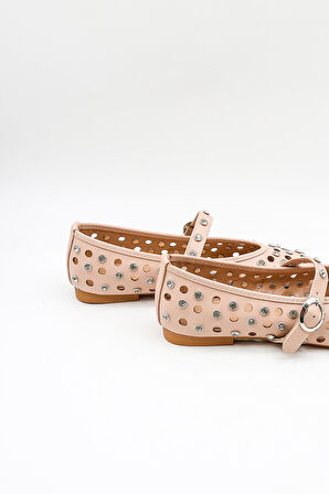 Park Moda Kadın Babet Bej Zımbalı Bantlı Hafif Rahat Taban Şık Günlük Ayakkabı PM567 Bej Cilt