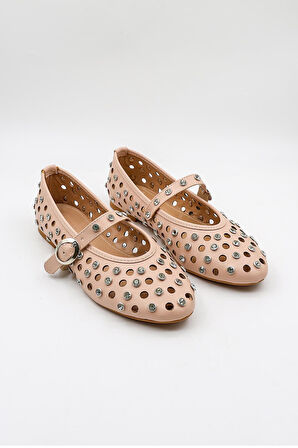 Park Moda Kadın Babet Bej Zımbalı Bantlı Hafif Rahat Taban Şık Günlük Ayakkabı PM567 Bej Cilt