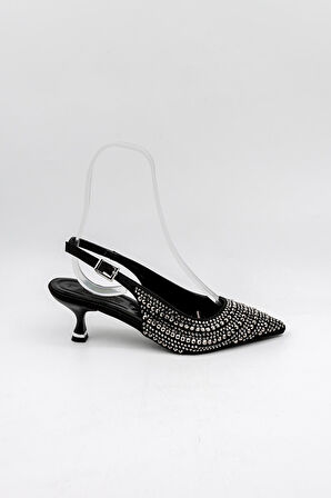 Park Moda Taşlı Kadın Sivri Burun İnce Topuklu Abiye Ayakkabı PM474 Siyah Saten