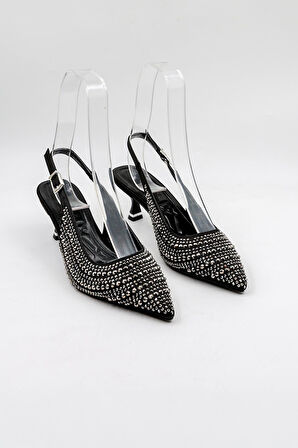 Park Moda Taşlı Kadın Sivri Burun İnce Topuklu Abiye Ayakkabı PM474 Siyah Saten