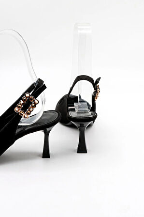 Park Moda Taşlı Kadın Sivri Burun İnce Topuklu Nubuk  Ayakkabı PM492 Siyah Nubuk