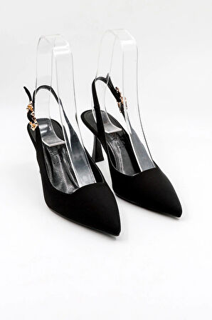 Park Moda Taşlı Kadın Sivri Burun İnce Topuklu Nubuk  Ayakkabı PM492 Siyah Nubuk