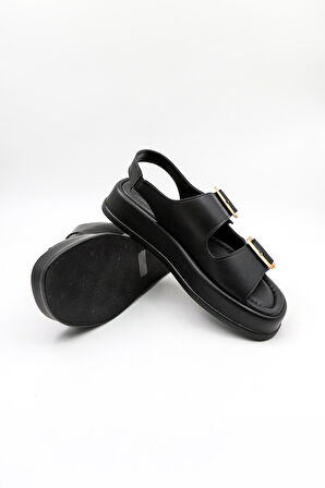 Park Moda Dolgu Topuklu Çift Bantlı Arkası Lastikli Tokalı Kadın Sandalet PM183 Siyah Cilt