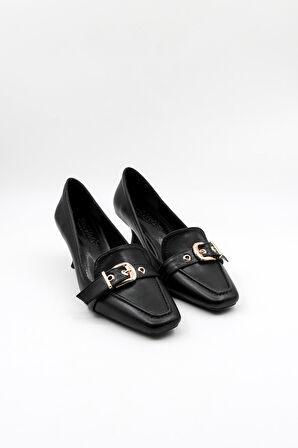 Park Moda Kadın Kısa Topuklu Tokalı Günlük Ayakkabı PM170 Siyah Cilt