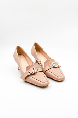 Park Moda Kadın Kısa Topuklu Tokalı Günlük Ayakkabı PM170 Bej Cilt