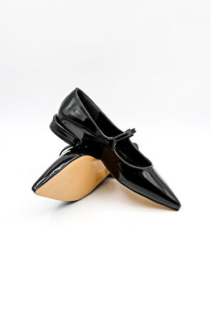 Park Moda Kadın Babet Bantlı Sivri Burun Rahat Şık Iş Ofis Günlük Ayakkabı PM280 Siyah Rugan