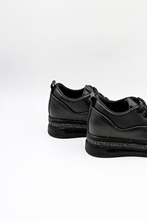 Park Moda Gizli Topuk Bağcıklı Spor Ayakkabı PM128 Siyah Cilt