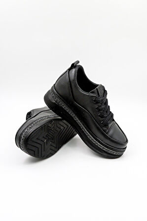 Park Moda Gizli Topuk Bağcıklı Spor Ayakkabı PM128 Siyah Cilt