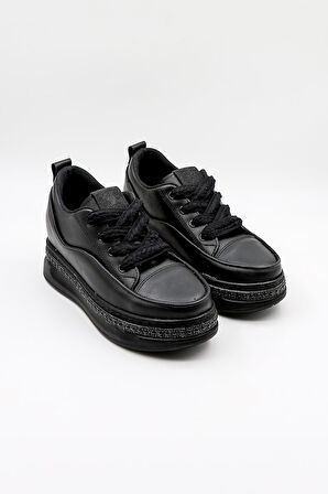 Park Moda Gizli Topuk Bağcıklı Spor Ayakkabı PM128 Siyah Cilt