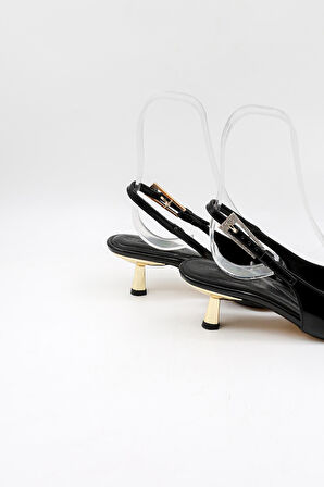 Park Moda Kadın Sivri Burun Düz Desensiz İnce Arkası Açık Rugan Ayakkabı PM439 Siyah Rugan