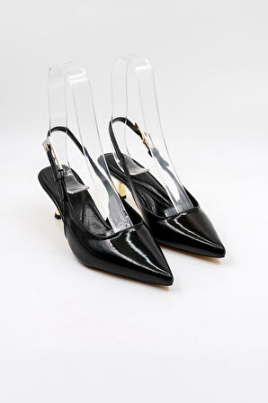 Park Moda Kadın Sivri Burun Düz Desensiz İnce Arkası Açık Rugan Ayakkabı PM439 Siyah Rugan