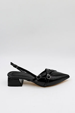 Park Moda Rugan Kemerli Detaylı Kısa Topuklu Ayakkabı PM483 Siyah Rugan