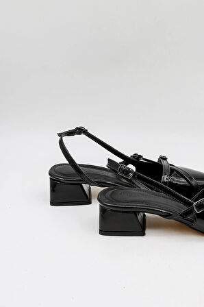 Park Moda Rugan Kemerli Detaylı Kısa Topuklu Ayakkabı PM483 Siyah Rugan