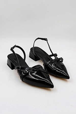 Park Moda Rugan Kemerli Detaylı Kısa Topuklu Ayakkabı PM483 Siyah Rugan