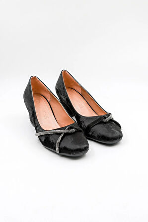 Park Moda Kalın Topuklu Taşlı Tuvin Kadın Ayakkabı PM280 Siyah