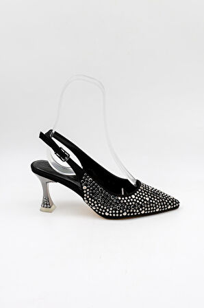Park Moda Arkası Açık Taşlı Kısa Topuklu Kadın Ayakkabı PM439 Siyah