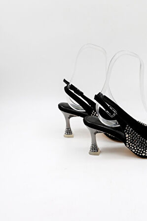 Park Moda Arkası Açık Taşlı Kısa Topuklu Kadın Ayakkabı PM439 Siyah