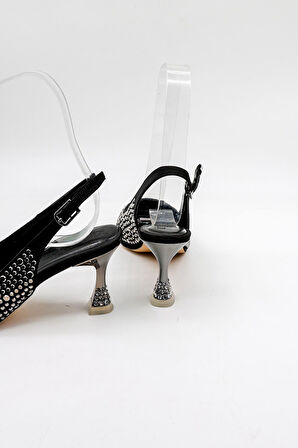 Park Moda Arkası Açık Taşlı Kısa Topuklu Kadın Ayakkabı PM439 Siyah