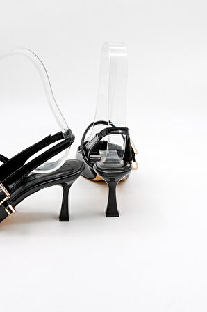 Park Moda Arkası Açık Taşlı Kısa Topuklu Kemerli Kadın Ayakkabı PM439 Siyah