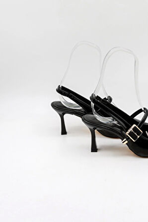 Park Moda Arkası Açık Taşlı Kısa Topuklu Kemerli Kadın Ayakkabı PM439 Siyah