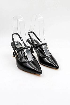 Park Moda Arkası Açık Taşlı Kısa Topuklu Kemerli Kadın Ayakkabı PM439 Siyah